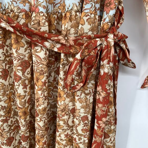Love Colette Floral Print Peasant Midi Dress Women's Sz M Brown Tiered Tie Waist - Picture 5 of 10